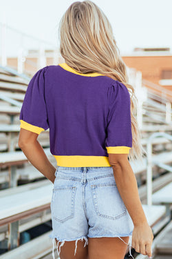 Short sleeve sweater with rugby purple sequins rugby colored blocks