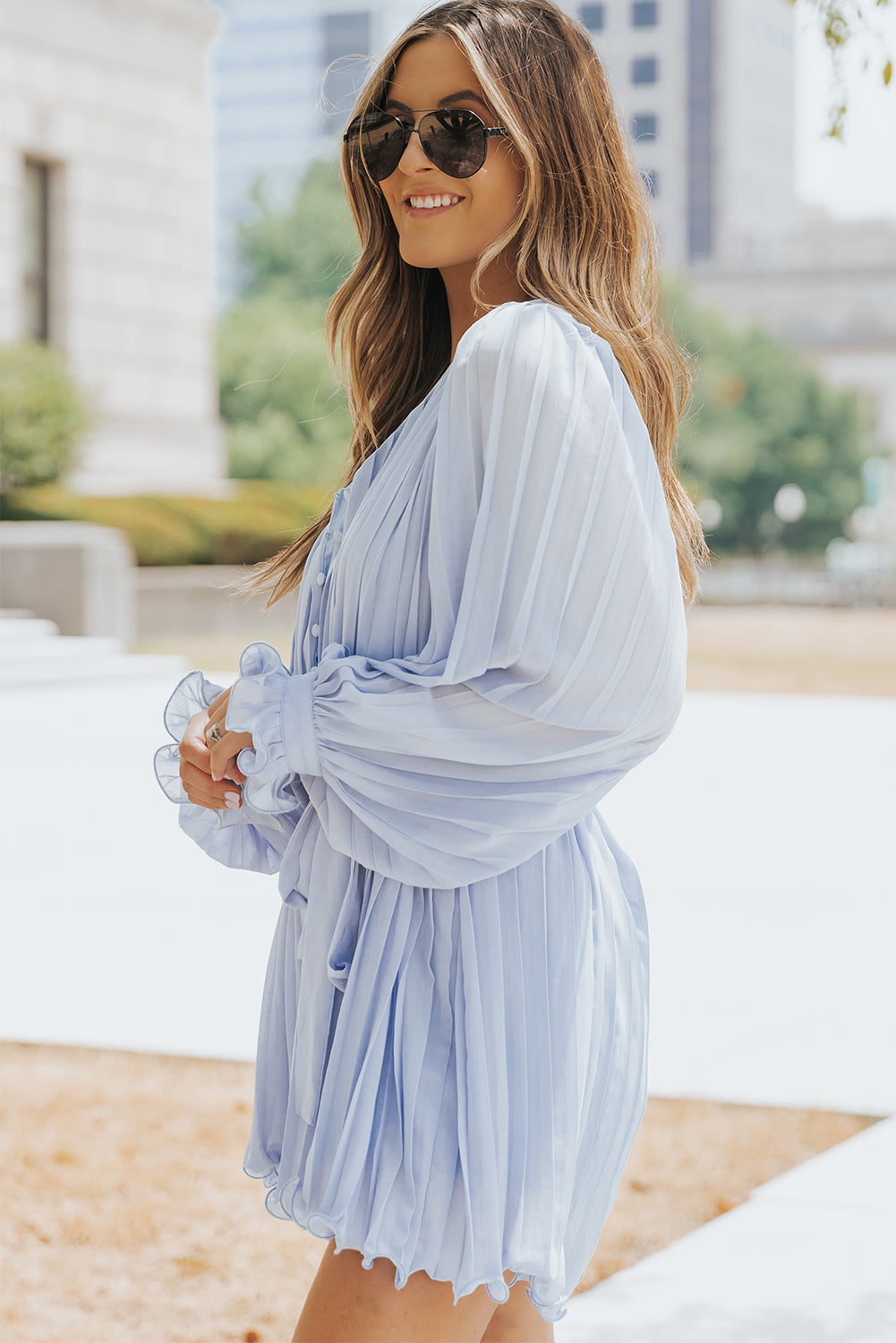 Sky Blue V-Neck Pleated Romper with Ruffles and Buttons at the Waist