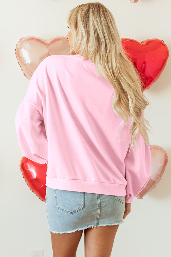 Light Pink Embroidered Bow Lantern Sleeve Oversized Sweatshirt