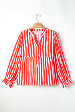 Orange striped blouse, balloon sleeves, notched v collar, buttoned on the front