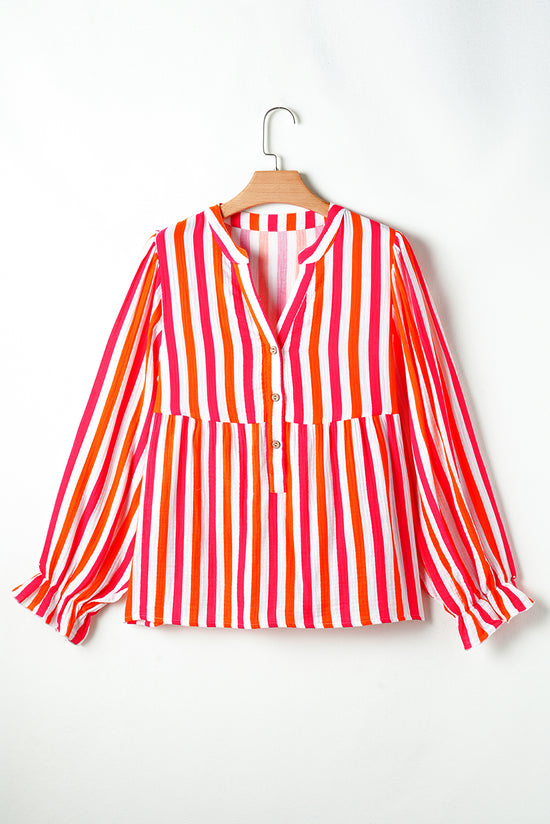 Orange striped blouse, balloon sleeves, notched v collar, buttoned on the front