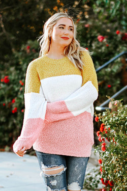 Plus Size Yellow Colorblock Bubble Sleeve Sweater