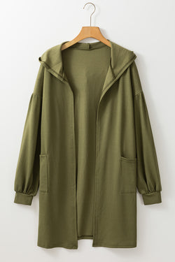 Guacamole Green Hooded Side Slit Open Kimono with Pocket