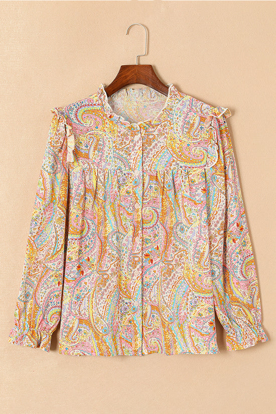 Camisa boho de estampado de Cachemira y bordes de volantes