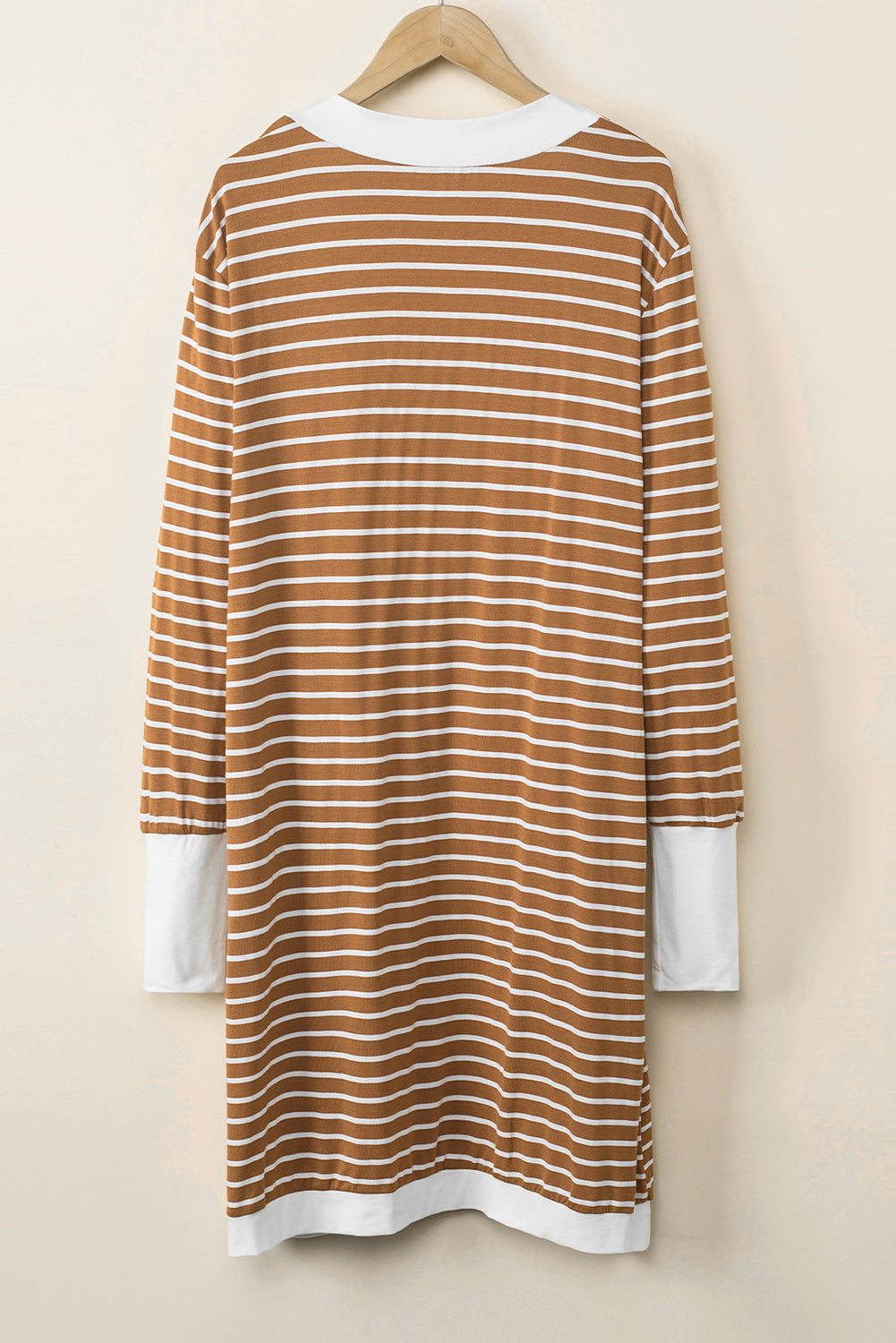 Brown Striped Side Pockets Open Front Cardigan