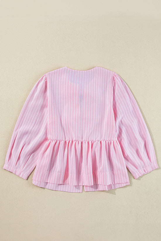 Llamativa blusa rosa y pajarita en la parte delantera, cuello redondo, mangas hinchadas