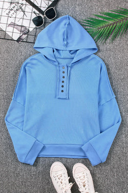 Sky Blue Solid Patchwork Trim Button Up Casual Hoodie