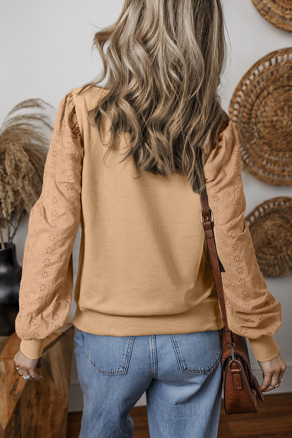 Pale Khaki Solid Patchwork Sleeve Round Neck Felpa