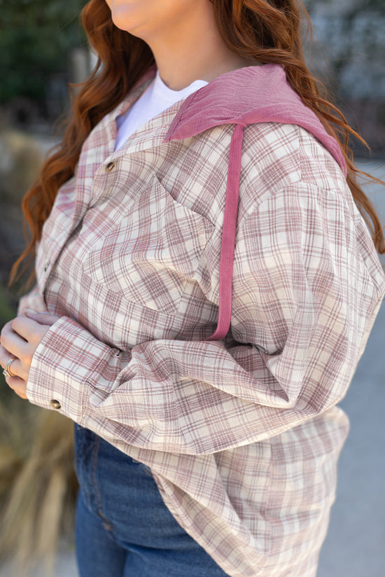 Chemise boutonnée à capuche avec cordon de serrage et imprimé à carreaux Bonbon, grande taille