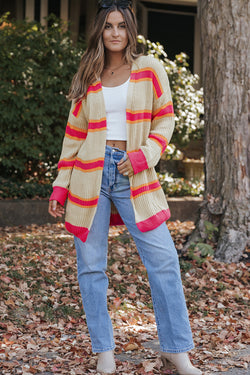 Striped Printed Ribbed Knitted Long Cardigan