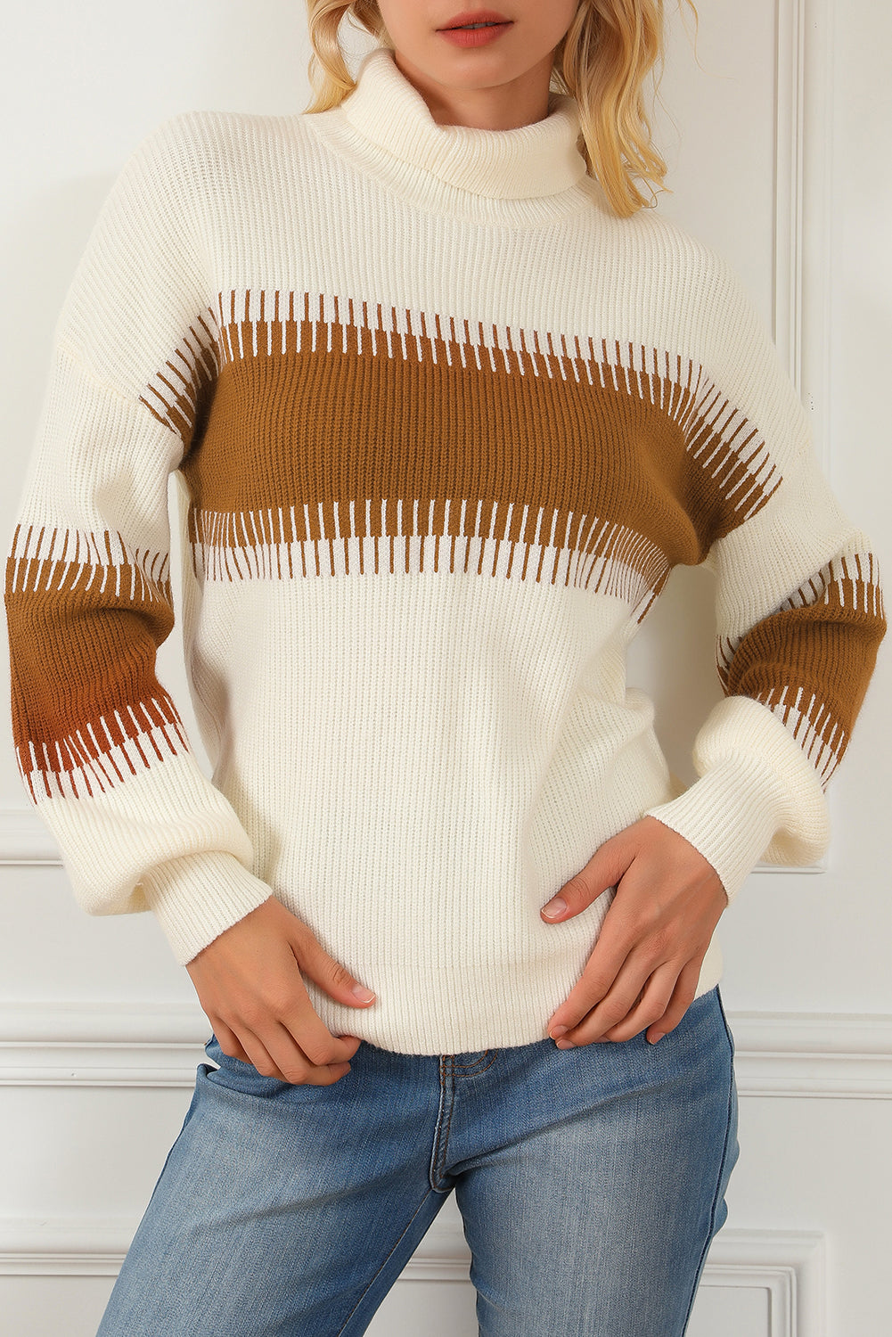 White printed patchwork turtleneck knitted sweater