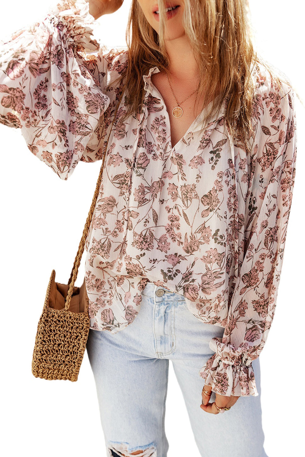 Boho Floral Print Split V Neck Neck Bubble Sleeve Blouse