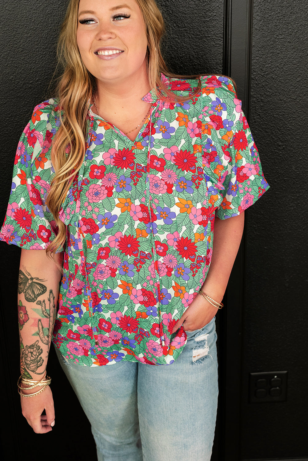 Multicolour Plus size Floral Flouffle V Neck Blobble Maniche