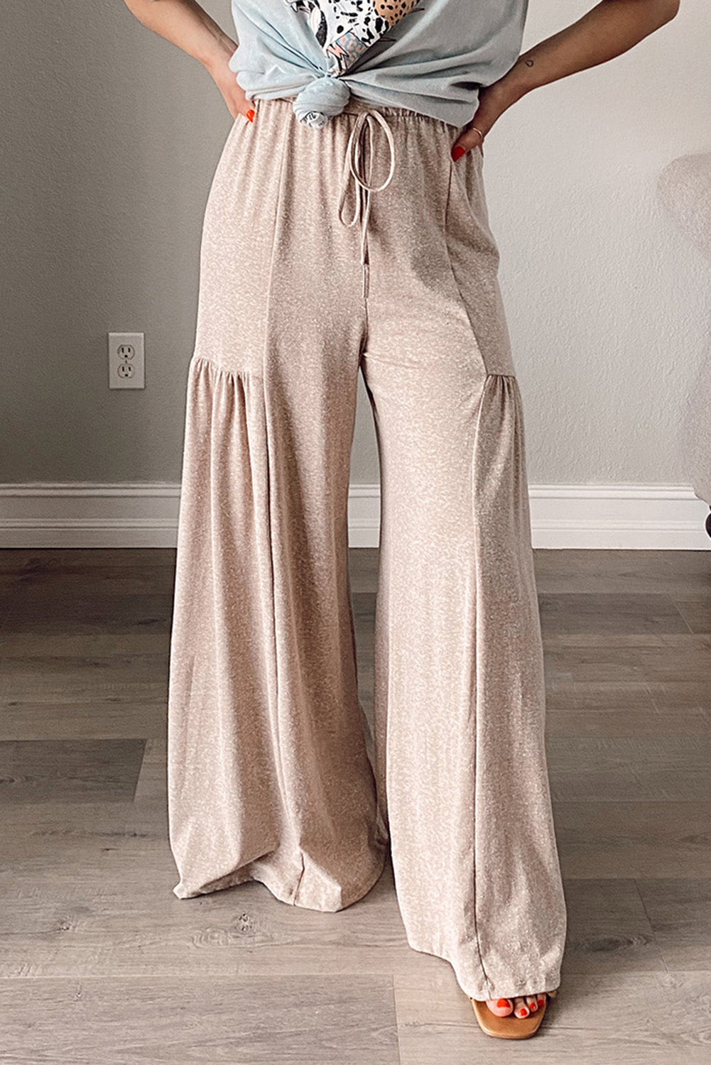 Khaki Drawstring Pleated Wide Leg Pants