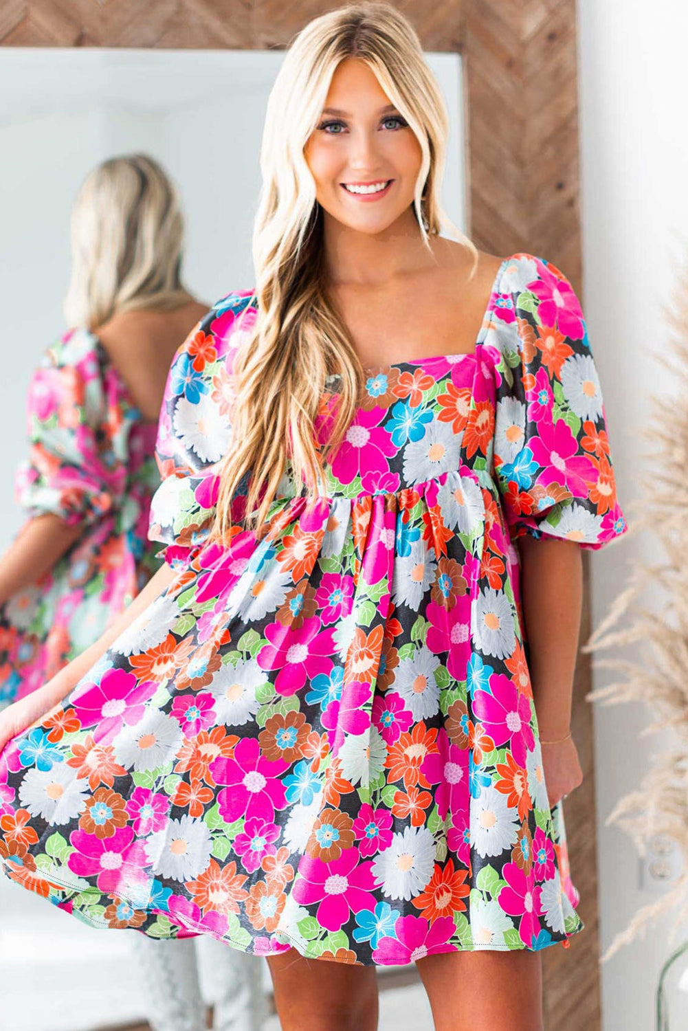 Pink floral print dress, square neck, short puff sleeves