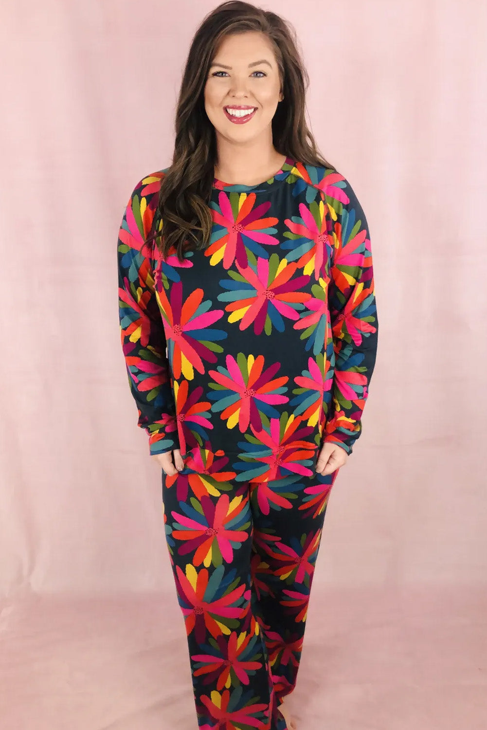 Black Long Sleeve Lounge Set with Plus Size Printed Pants