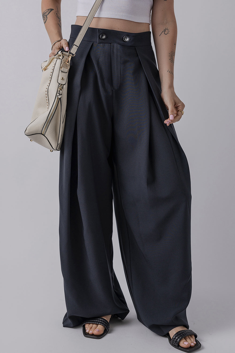 Dirty Blue Double Button High Waist Pleated Wide Leg Pants