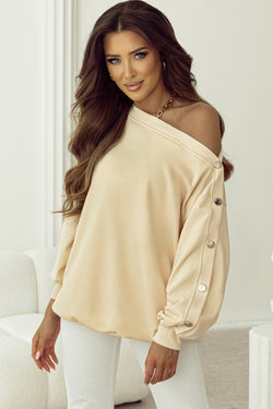 Beige sweatshirt with buttoned sleeves and dropped shoulders