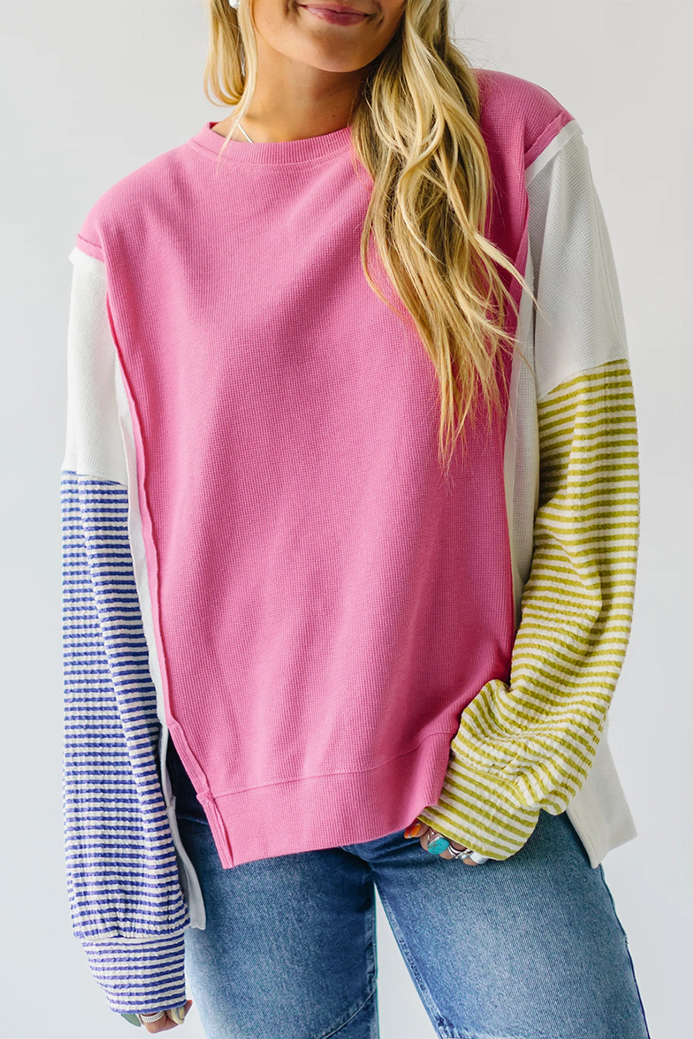 Long sleeve top in striped patchwork with pink sodium stitching