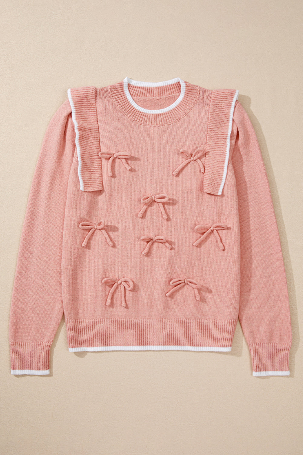 Light Pink Long Sleeve Ribbed Trim Sweater with Bow Tie and Ruffles