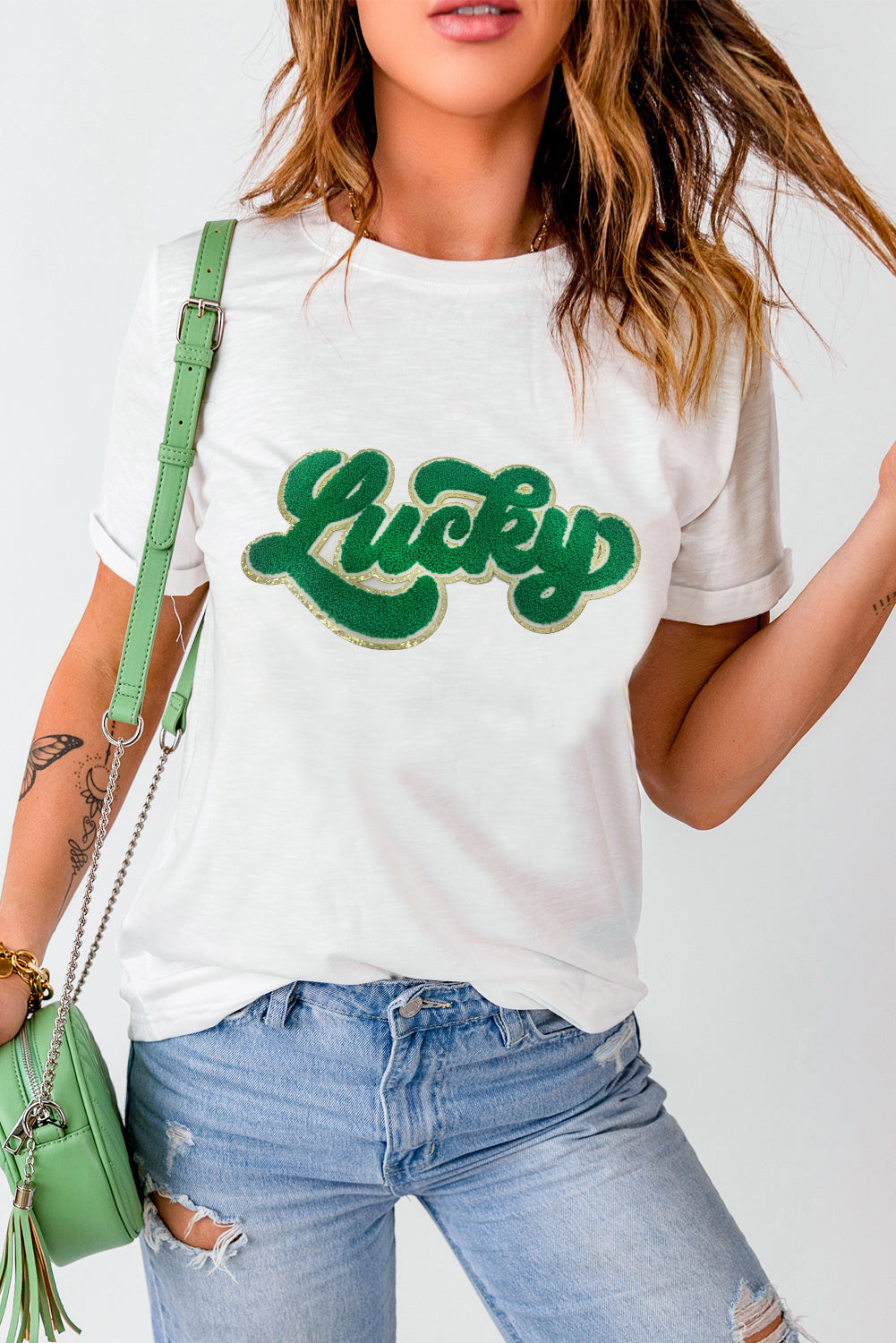 White St. Patrick Lucky Chenille Glitter Patched Graphic T Shirt