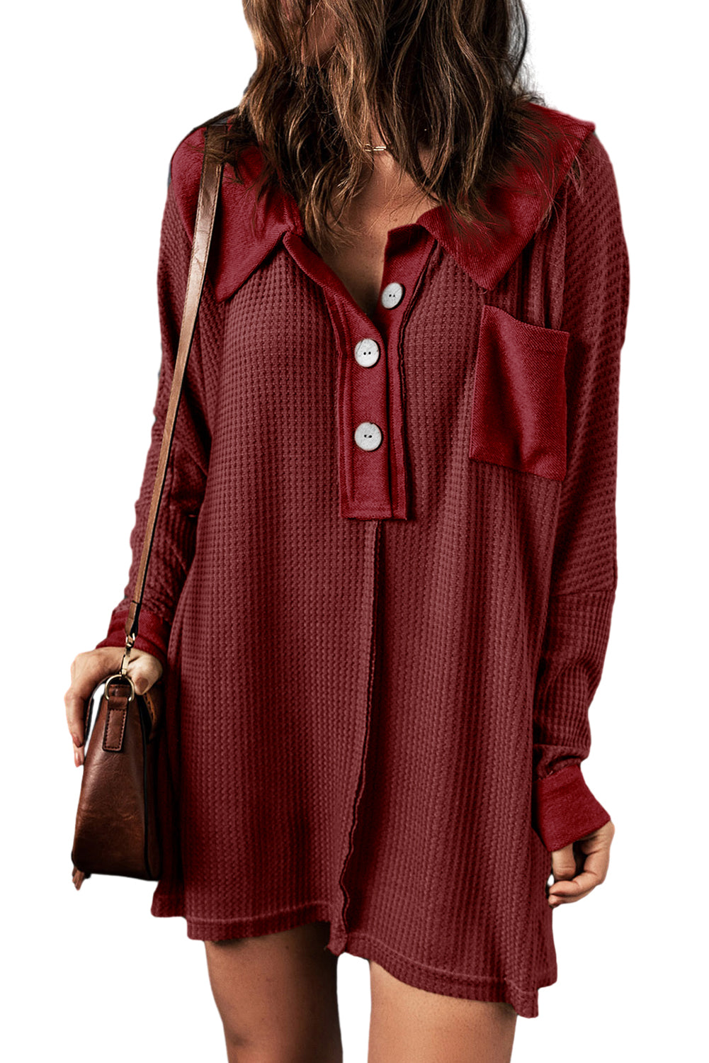 Red Waffle Knit Buttoned Long Sleeve Top