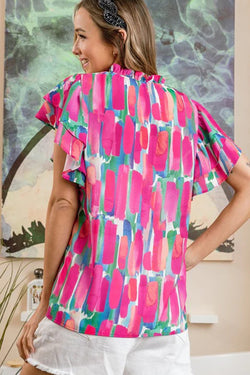 V -neck blouse and flushed sleeves with pink abstract brush print