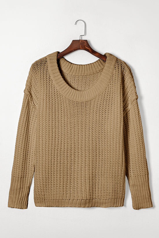 Thick and loose sweater in ribbed khaki with round neck