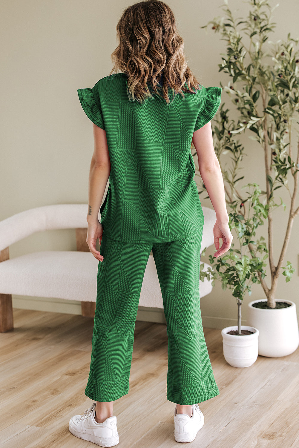 Dark Green Ruffle Sleeve Summer Top and Loose Short Pants Set