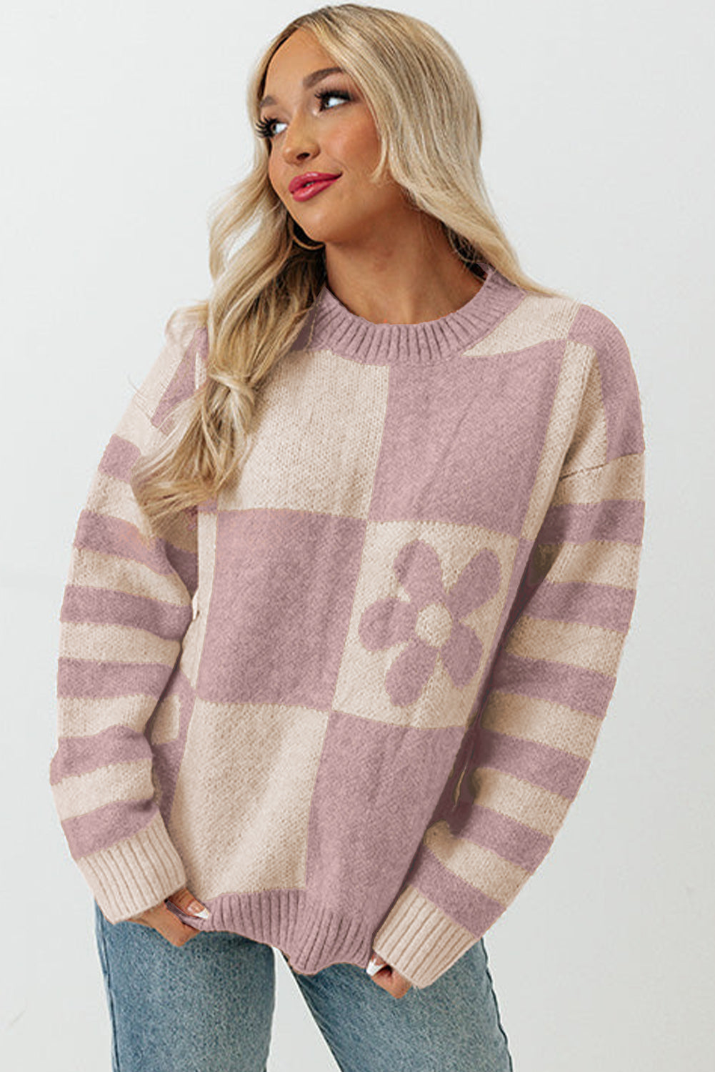 Striped sleeve sweater with floral check print and orchid petals