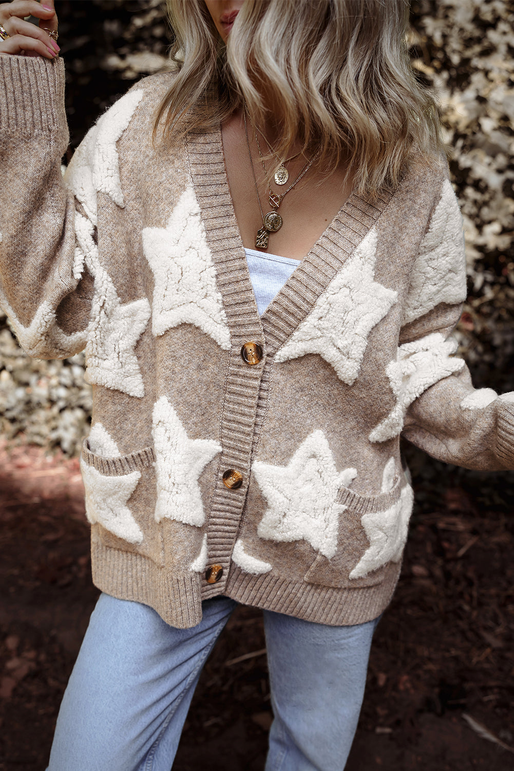 Khaki Star Pattern Sherpa Textured Sweater Cardigan with Pockets