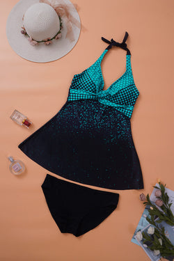 Tankini set bare back printed with turquoise polka dots