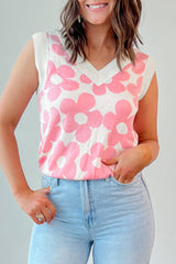 Débardeur rose à col en V tricoté avec jolies fleurs-A WOMAN WE LOVE