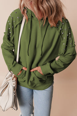 Vineyard Green Solid Color Rivets Raglan Sleeve Hoodie with Pocket