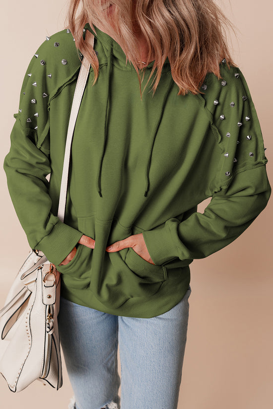 Vineyard Green Solid Color Rivets Raglan Sleeve Hoodie with Pocket