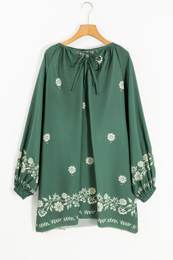 Straight dress with puffy sleeves and floral pattern bohemian green mist