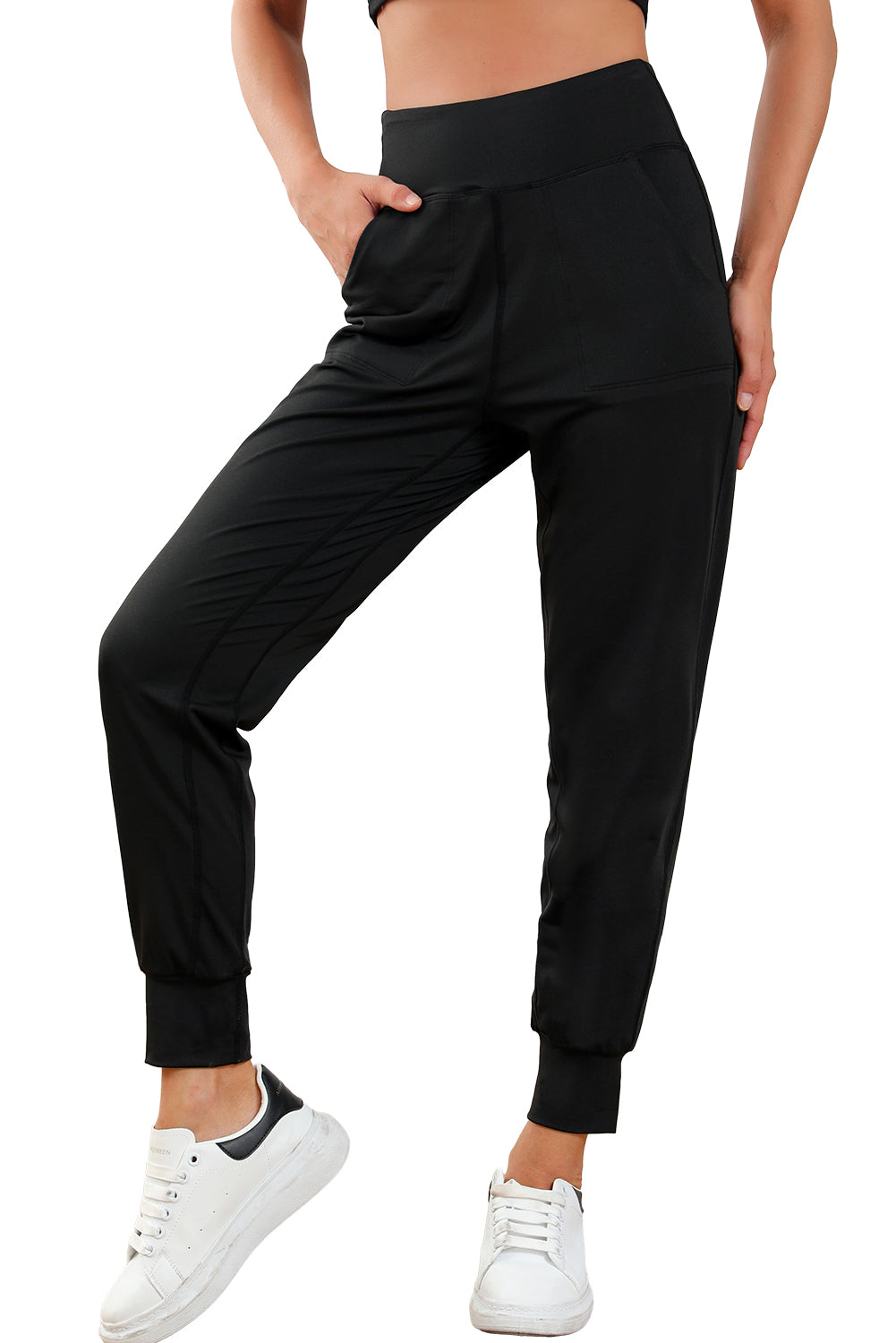 Pantalon de jogging taille haute noir avec poches et coutures apparentes