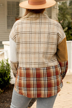 Golden Apricot - Plus Size Plaid Patchwork Button Down Jacket