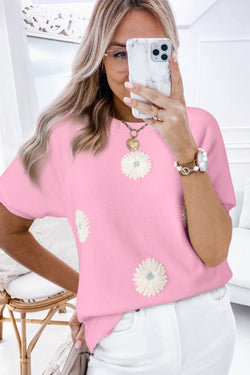 High knitted with short sleeves with pink flowers pattern