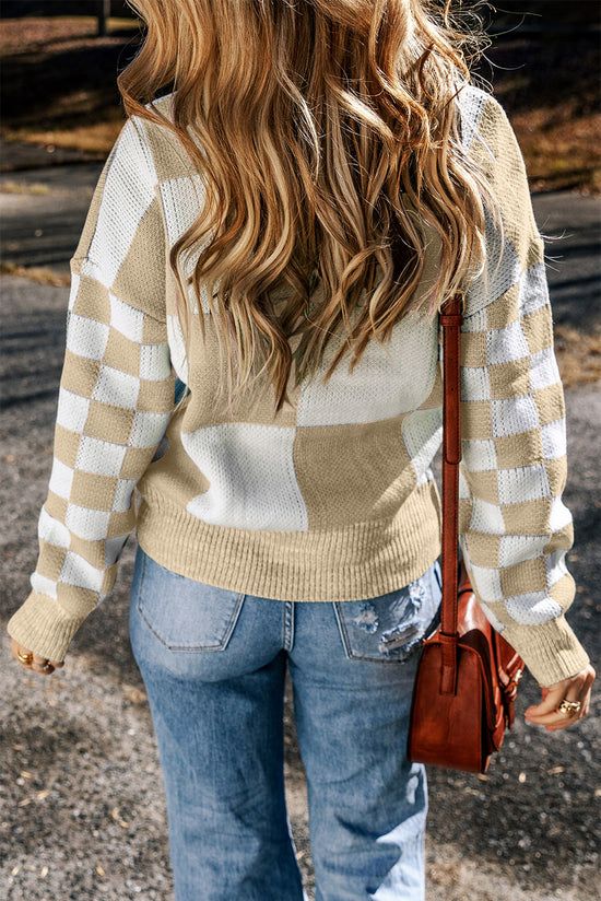 Linen Plaid Print Drop Shoulder Sweater