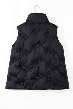 Black quilted jacket with high collar and zipper