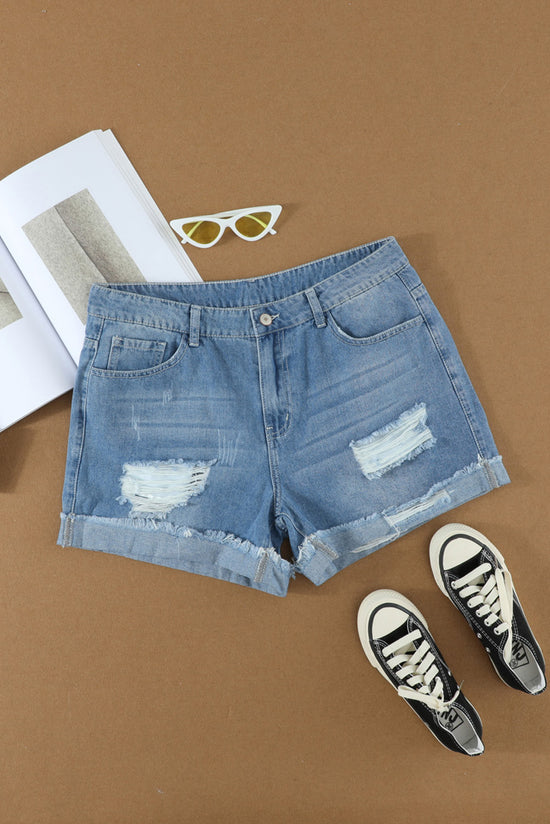 Sky Blue Ripped and Distressed Denim Shorts with Rolled Hem