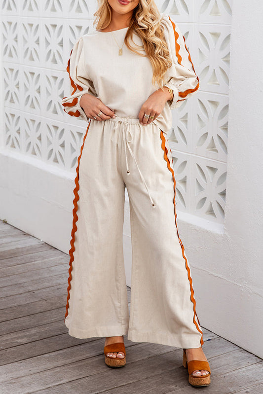 Ric Rac White Color Block Trim Sleeve Top and Wide Leg Pants Set