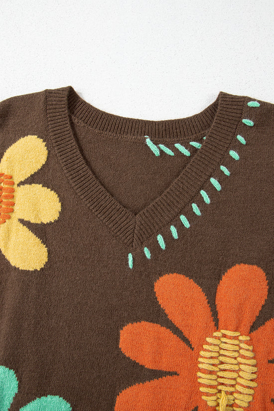 Pulp with drooping shoulders and V -collar with large coffee flowers pattern