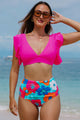 High -ruffled pink floral print bikini and v -collar