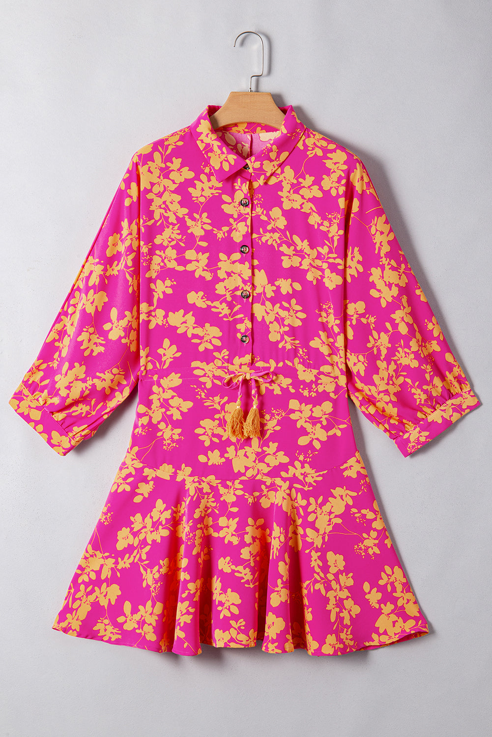 Short flowing tunic dress with drawstring in pink floral print