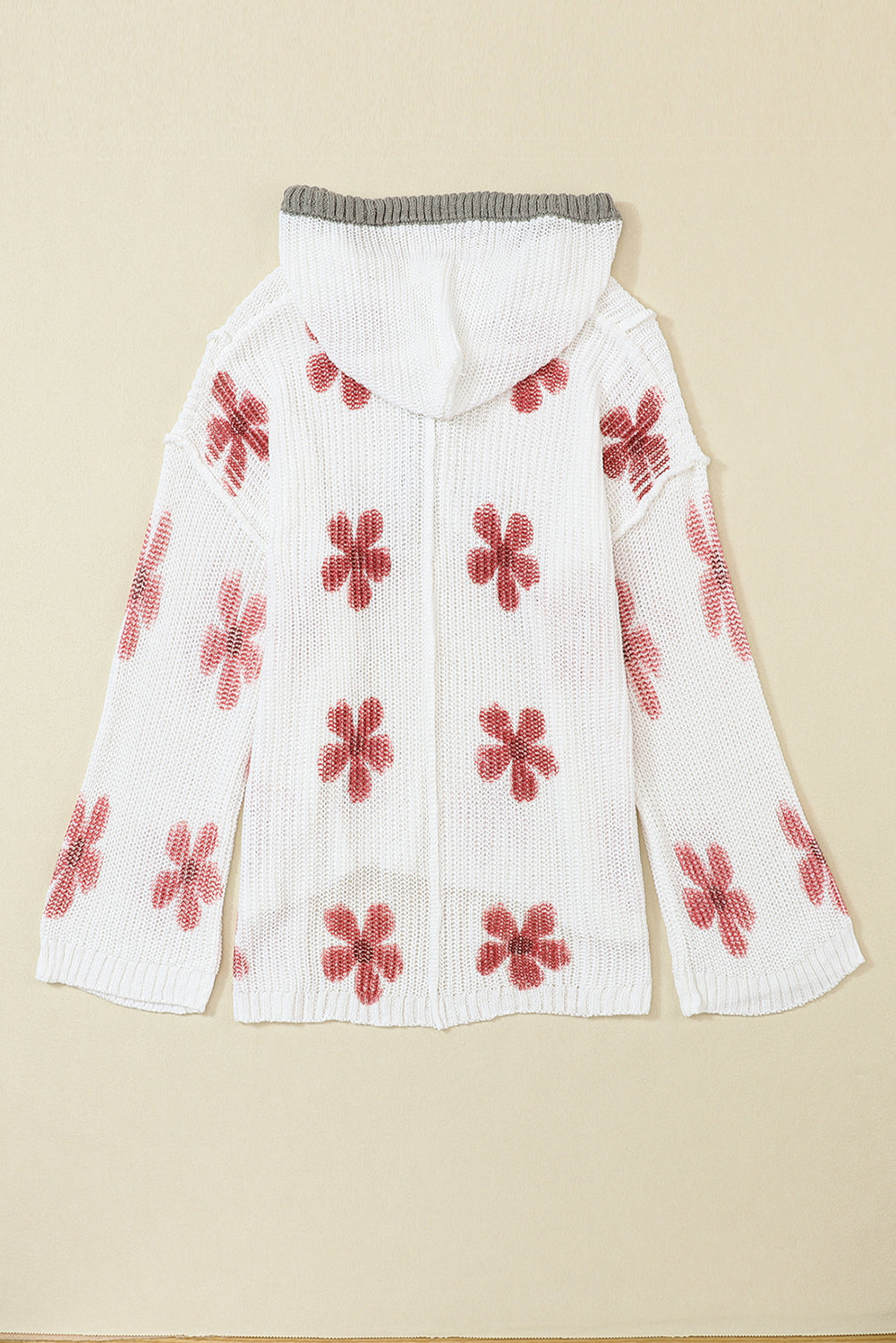 White Floral Print Lightweight Knit Hooded Sweater