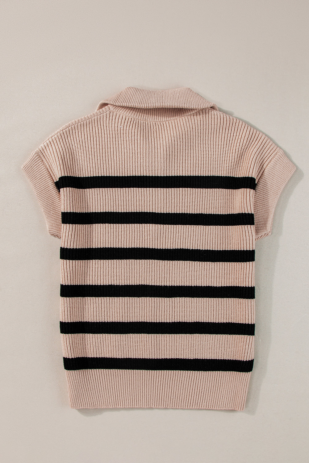 Khaki Stripe Zipped Collar Short Sleeve Sweater