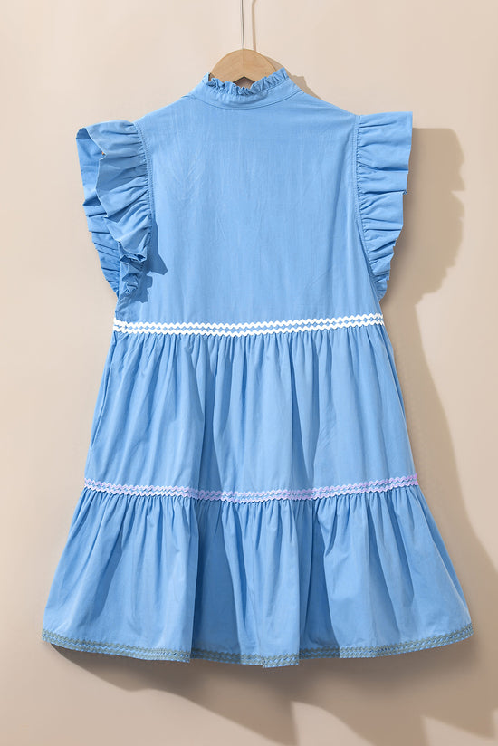 Ric Rac Beau Blue Color Block V-Neck Tiered Dress with Flutter Sleeves