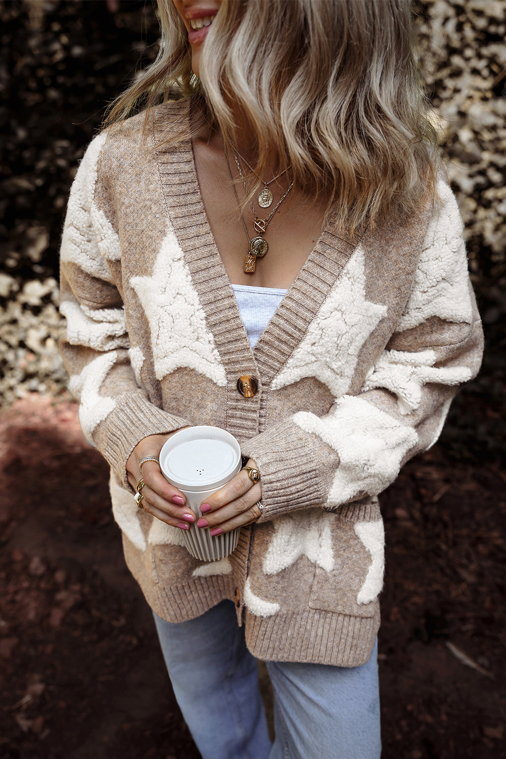 Khaki Star Pattern Sherpa Textured Sweater Cardigan with Pockets